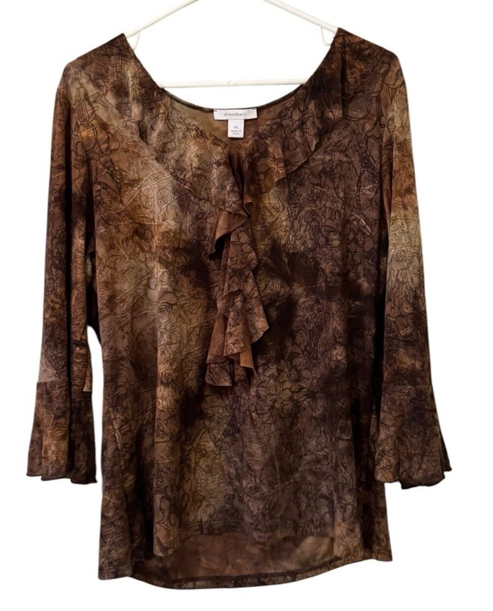 Dressbarn Women Sz XL Ruffle Neck Blouse 3/4 Sleeve Business Casual City Career